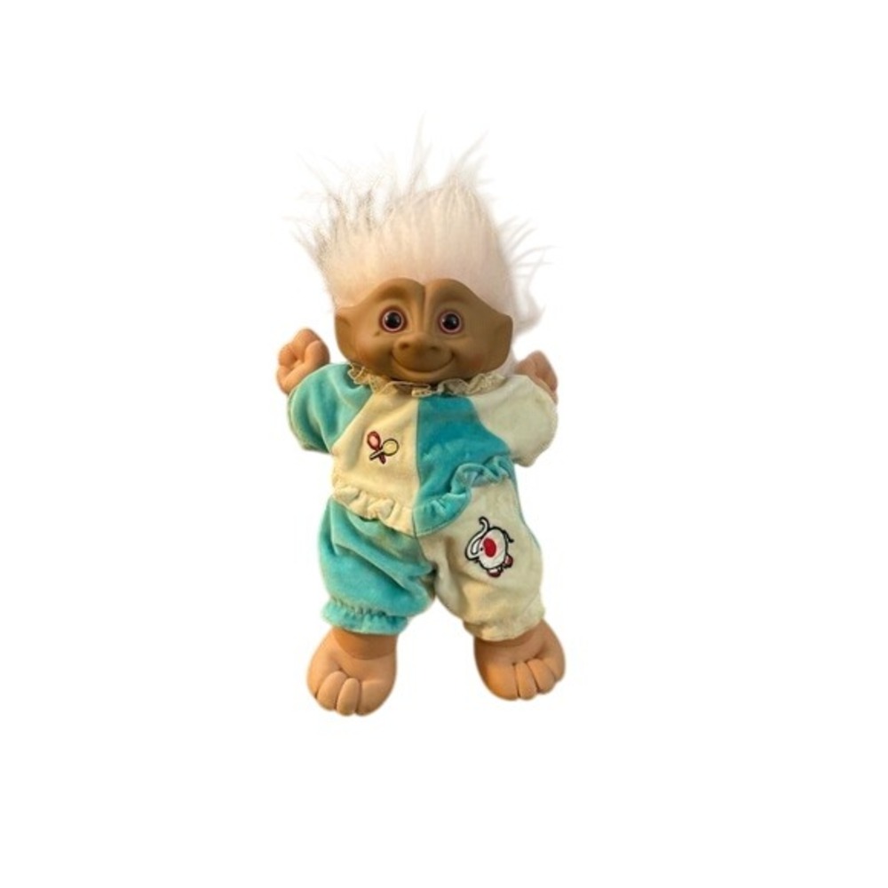 Treasure Trolls Plush Doll White Hair Blue Yellow Outfit Vintage Toy